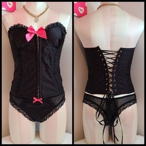 VTG VS Sexy Little Things Polka-dot Satin Ruffle Corset/ Panty Set Size 36C/Lg